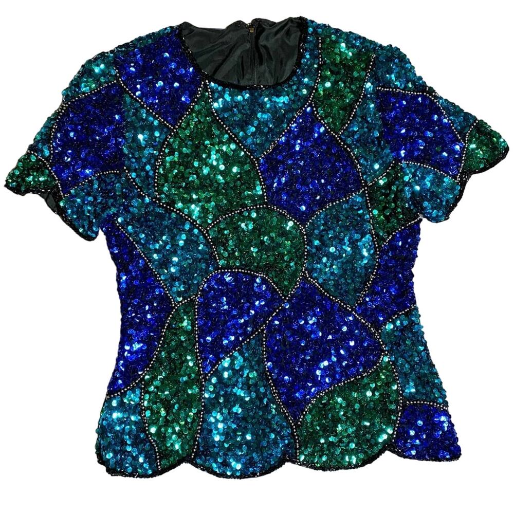 VINTAGE Adrianna Papell Sequin Top Size Small Blue Teal Scallop Hem Short Sleeve